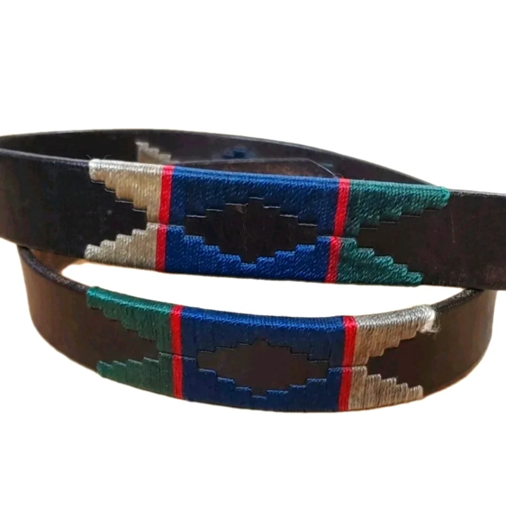 Vintage Southwestern Aztec Tribal Embroidered Brown Leather Belt Adult Sz 38